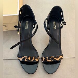 MICHAEL Michael Kors Black with Leopard-Print Strappy Open Toed Heels
